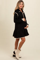 Black Half Zip Ruffle Drop Hem Maternity Mini Dress