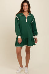 Forest Green Half Zip Ruffle Drop Hem Mini Dress