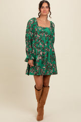 Green 3/4 Ruffle Sleeve Floral Maternity Mini Dress