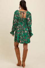 Green 3/4 Ruffle Sleeve Floral Mini Dress