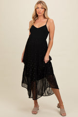 Black Polka Dot Pleated Mesh Overlay Maternity Maxi Dress