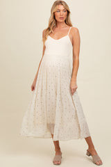 Cream Polka Dot Pleated Mesh Overlay Maternity Maxi Dress