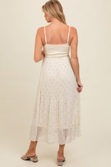 Cream Polka Dot Pleated Mesh Overlay Maternity Maxi Dress