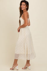 Cream Polka Dot Pleated Mesh Overlay Maxi Dress