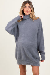 Cream Fuzzy Knit Turtleneck Maternity Sweater Mini Dress