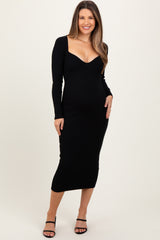 Black Deep V-Neck Maternity Midi Sweater Dress