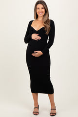 Black Deep V-Neck Maternity Midi Sweater Dress