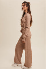 Tan Petal Hem Ribbed Knit Long Sleeve And Pants Set