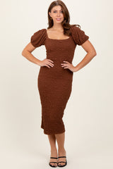 Mocha Textured Square Neck Puff Sleeve Midi Dress