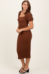 Mocha Textured Square Neck Puff Sleeve Midi Dress