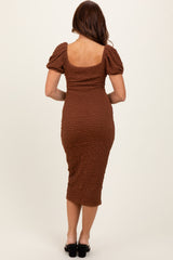 Mocha Textured Square Neck Puff Sleeve Midi Dress