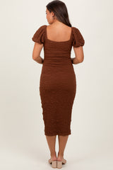 Mocha Textured Square Neck Puff Sleeve Maternity Midi Dress