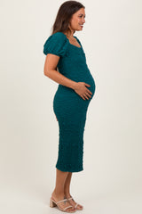 Forest Green Textured Square Neck Puff Sleeve Maternity Midi Dress