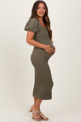 Olive Textured Square Neck Puff Sleeve Maternity Midi Dress