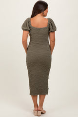 Olive Textured Square Neck Puff Sleeve Maternity Midi Dress