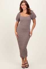 Grey Textured Square Neck Puff Sleeve Maternity Midi Dress