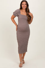 Grey Textured Square Neck Puff Sleeve Maternity Midi Dress