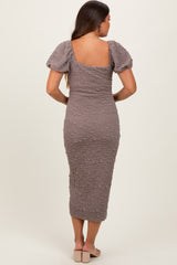 Grey Textured Square Neck Puff Sleeve Maternity Midi Dress