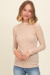 Beige Floral Bow Detail Long Sleeve Fitted Maternity Top