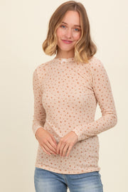 Beige Floral Bow Detail Long Sleeve Fitted Top