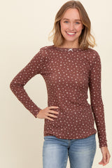 Brown Floral Bow Detail Long Sleeve Fitted Top