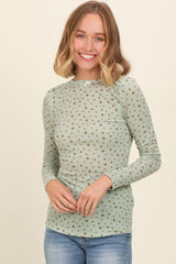 Light Olive Floral Bow Detail Long Sleeve Fitted Top