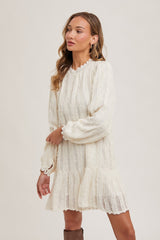 Ivory Ruffle Trimmed Puff Sleeve Mock Neck Dress