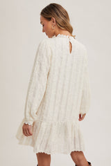 Ivory Ruffle Trimmed Puff Sleeve Mock Neck Dress