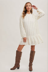 Ivory Ruffle Trimmed Puff Sleeve Mock Neck Dress