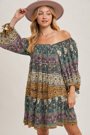 Gold Green Paisley Print Boho Off Shoulder Dress