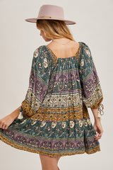 Gold Green Paisley Print Boho Off Shoulder Dress