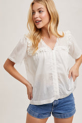 Ivory Button Down Lace Trimmed V-Neck Blouse