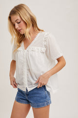 Ivory Button Down Lace Trimmed V-Neck Blouse