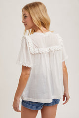 Ivory Button Down Lace Trimmed V-Neck Blouse