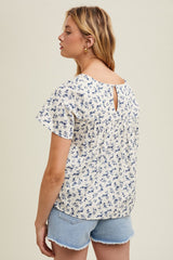 Cream Blue Floral Square Neck Blouse