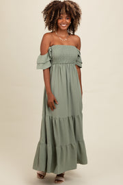 Light Olive Smocked Ruffle Off Shoulder Tiered Maxi Dress