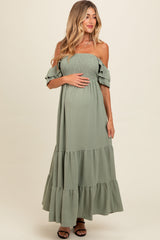 Light Olive Smocked Ruffle Off Shoulder Tiered Maternity Maxi Dress