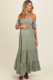 Light Olive Smocked Ruffle Off Shoulder Tiered Maternity Maxi Dress