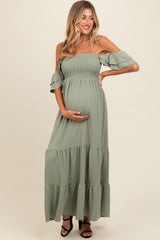 Light Olive Smocked Ruffle Off Shoulder Tiered Maternity Maxi Dress