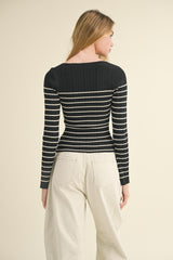 Black Beige Long Sleeve Stripe Pattern Ribbed Knitted Top