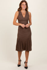 Brown Textured V-Neck Maternity Midi Dress