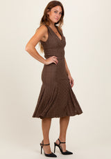 Brown Textured V-Neck Midi Dress