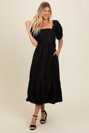 Black Pleated Bodice Puff Sleeve Midi Dress