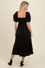 Black Pleated Bodice Puff Sleeve Midi Dress