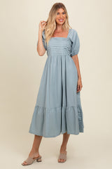 Light Blue Pleated Bodice Puff Sleeve Maternity Midi Dress