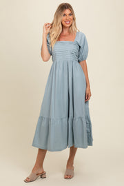 Light Blue Pleated Bodice Puff Sleeve Midi Dress