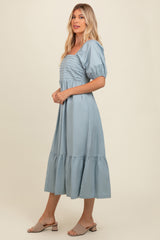 Light Blue Pleated Bodice Puff Sleeve Midi Dress