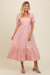 Light Pink Pleated Bodice Puff Sleeve Midi Dress