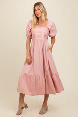 Light Pink Pleated Bodice Puff Sleeve Midi Dress