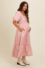 Light Pink Pleated Bodice Puff Sleeve Maternity Midi Dress